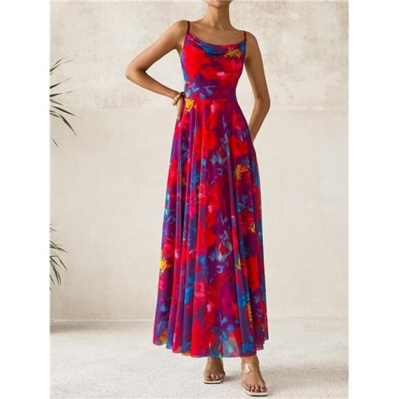Women Summer Maxi Dresses Elegant Spaghetti Strap Red Blue - Picture 1 of 7